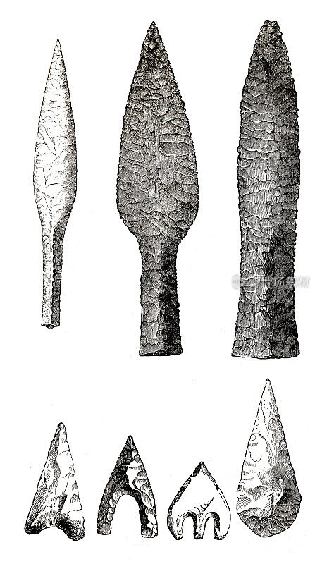 史前时代的武器:矛头，匕首，箭头