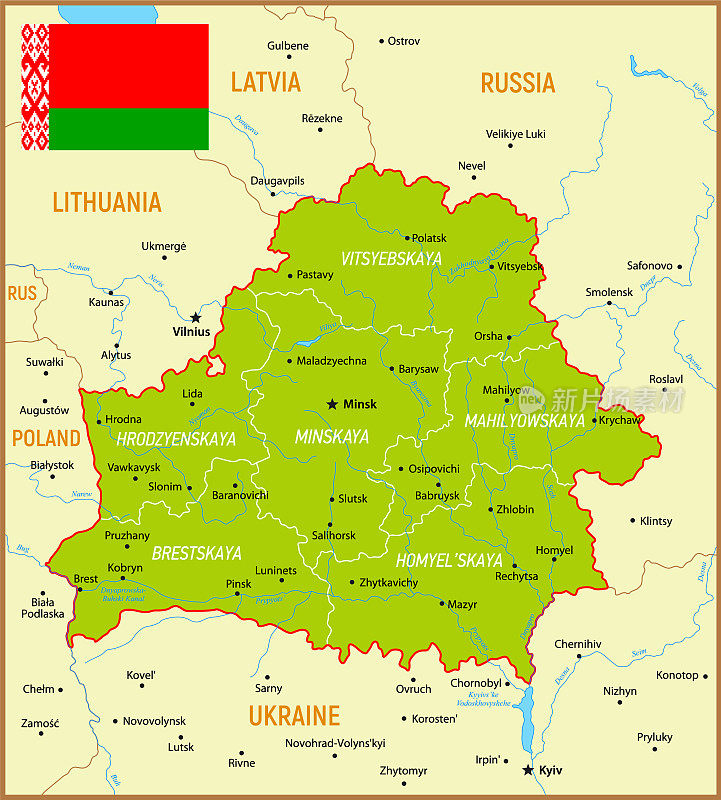 白俄罗斯矢量地图与区域，湖泊，河流，国旗和地理边界
