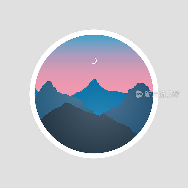 山景观剪影在黄昏时间与夜空和月亮的背景圈贴纸或标志设计。矢量插图。