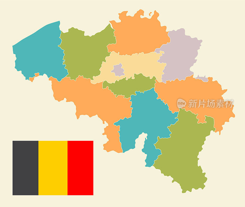 比利时国旗地图。矢量复古插图与区域