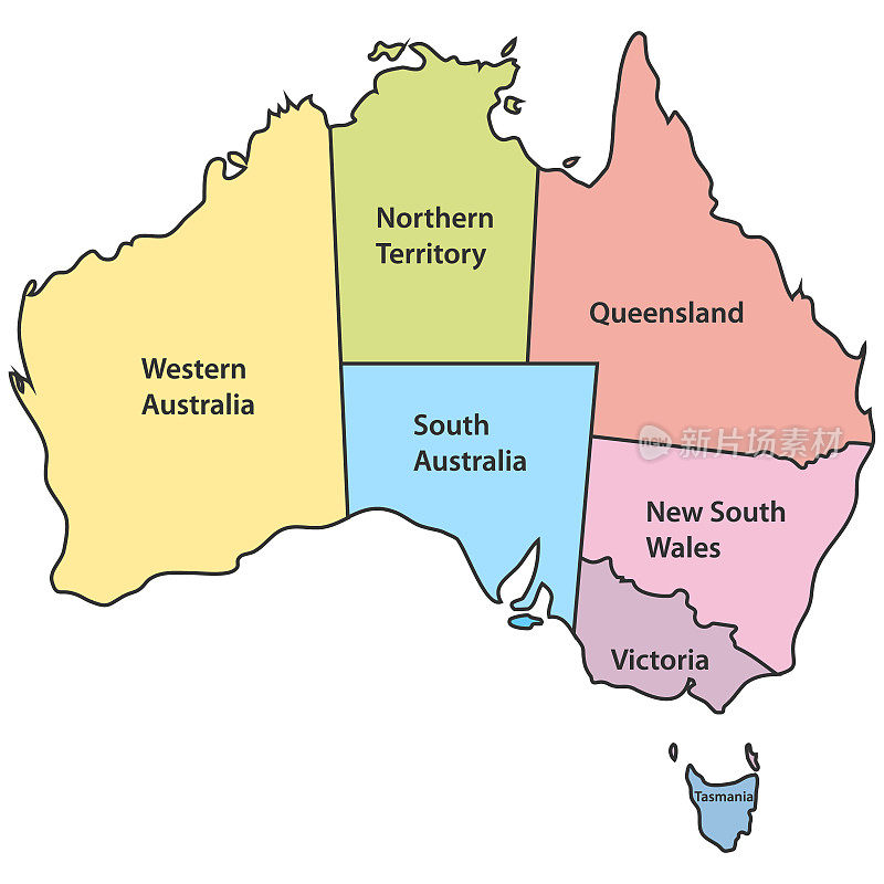 澳大利亚的地图。卡通地图的澳大利亚孤立在白色的背景。向量,卡通插图。向量。