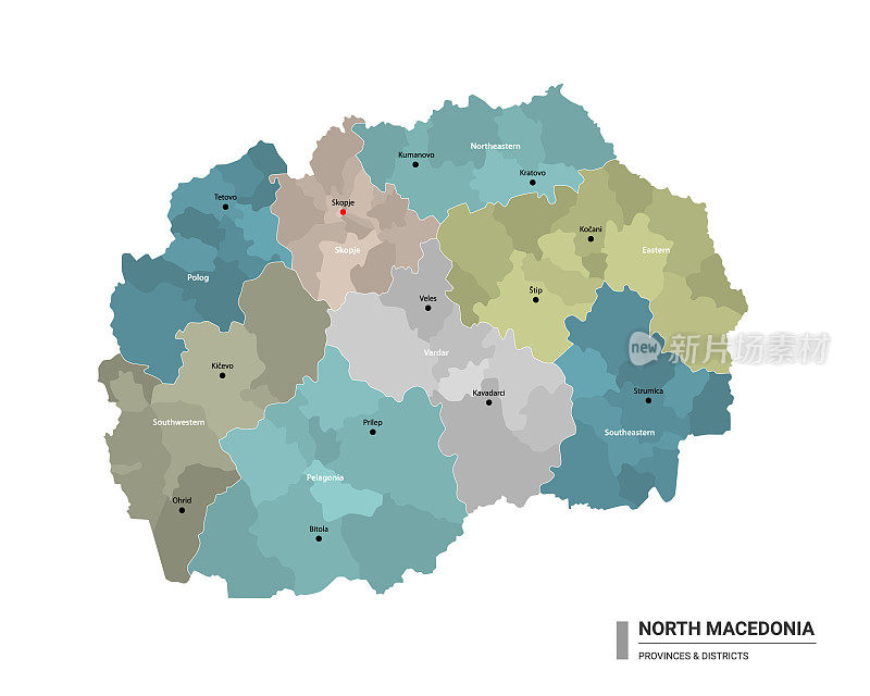 北马其顿高详细地图与细分。北马其顿的行政地图，带有地区和城市的名称，按州和行政区域着色。矢量插图。
