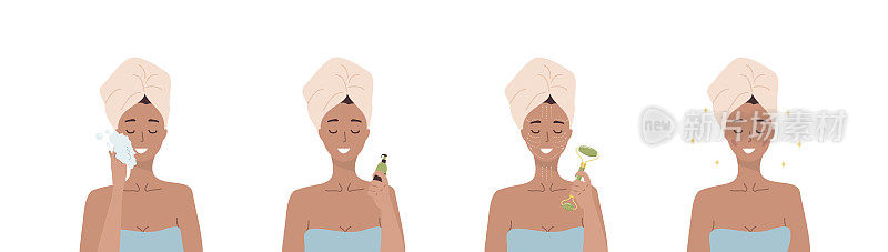 面部按摩的步骤。女人用玉石滚轮做脸部美容水疗。早晨例行公事。洗浴时间。皮肤护理的概念。有机产品。矢量插图在平面卡通风格