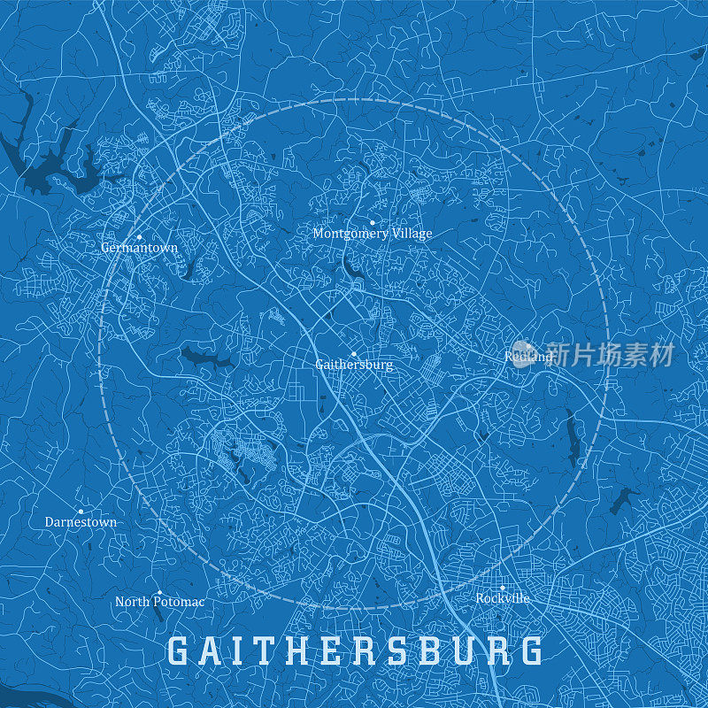 盖瑟斯堡MD城市矢量路线图蓝色文本