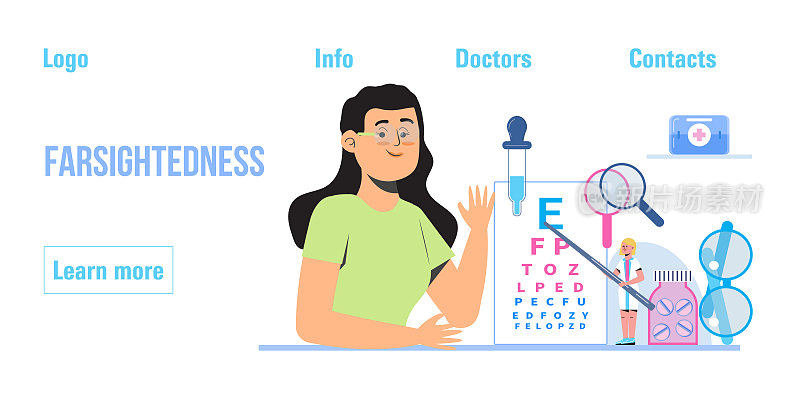 结膜炎概念向量。眼科医生为医疗保健旗帜的概念。青光眼治疗概念载体。医学眼科医生检查视力与微小的人。近视,远视
