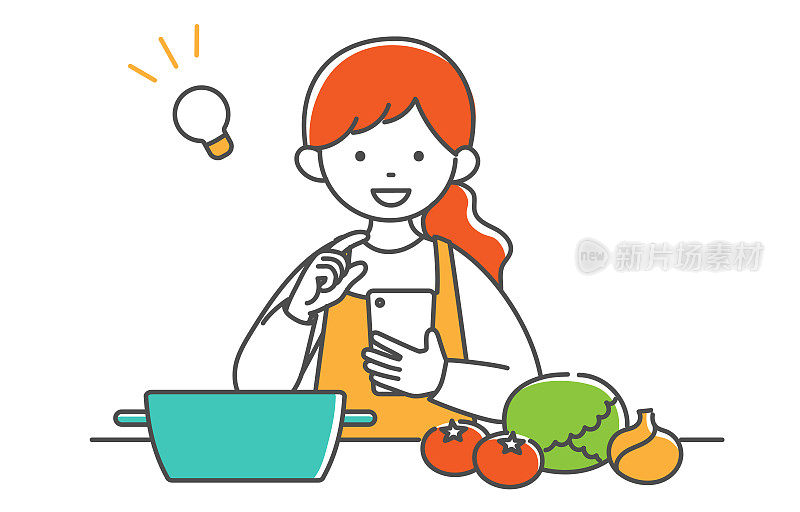 插图素材家庭主妇智能手机烹饪