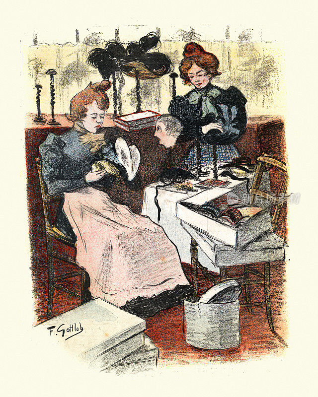女店员创造一个帽子展示，19世纪，法国