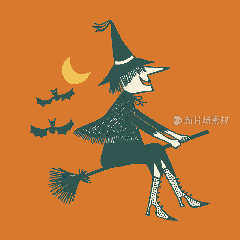 女巫在扫帚上飞行的插图