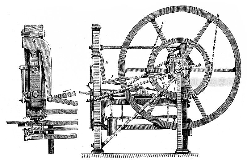 19世纪的铸造机、桑内利耶的冲压机的技术图纸，正面和侧面的观点