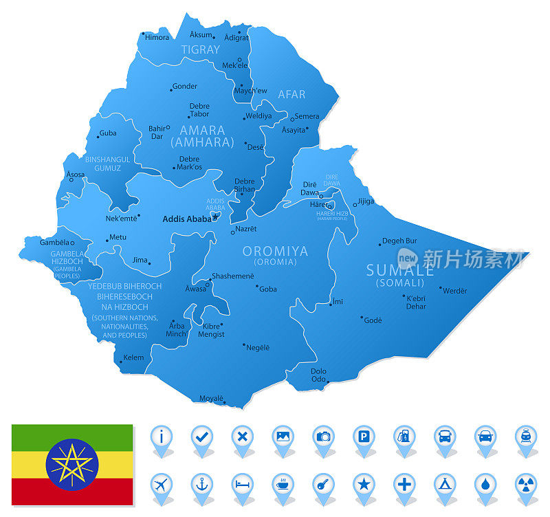 蓝色地图的埃塞俄比亚行政区划与旅行信息图标。