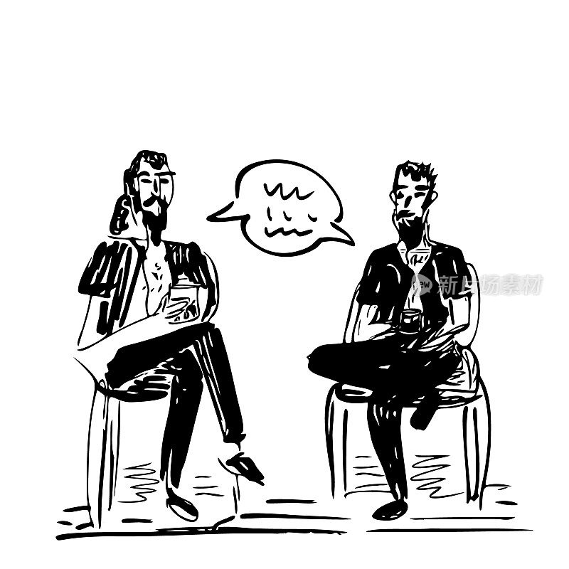 两个朋友坐着聊天，手绘草图。男人沟通,面试。愉快的聊天。在友好的气氛中谈论有趣的话题。