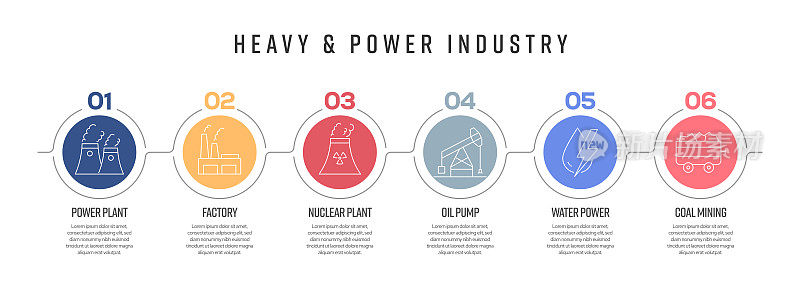 重型和电力工业概念矢量线信息图形的图标设计。6选项或步骤的展示，横幅，工作流程布局，流程图等。