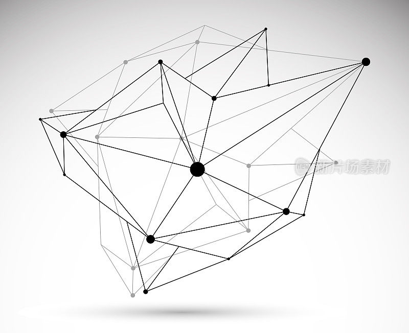 三维格子网格矢量抽象，三维多边形设计抽象形状孤立在白色之上，科技数字风格与线和点动态连接。
