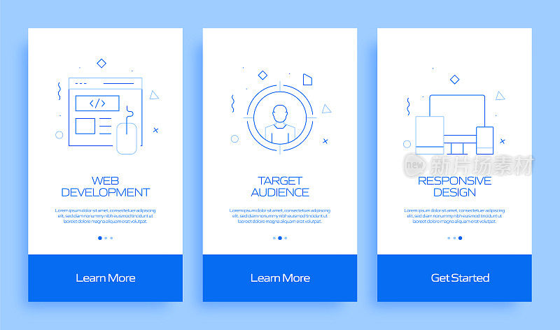 搜索引擎优化概念Onboarding移动应用程序页面屏幕与平面图标。UI设计模板矢量插图