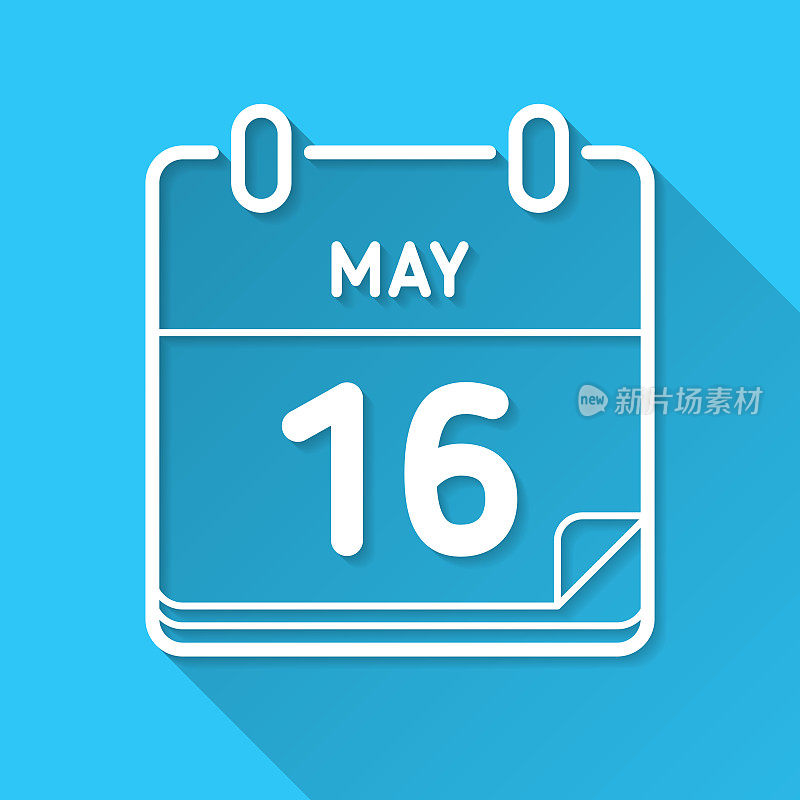 5月16日。蓝色背景上的图标-长阴影平面设计