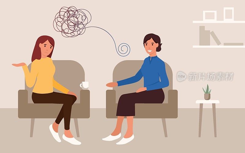 心理治疗问题心理学概念。一位年轻女士正在和一位心理学家谈话。医生帮助pattient。心理辅导及治疗。沙发上咨询。Vecotor平坦的插图。