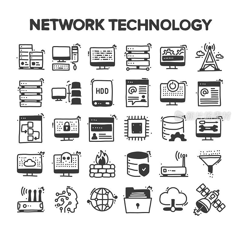 网络技术相关手绘矢量涂鸦图标集