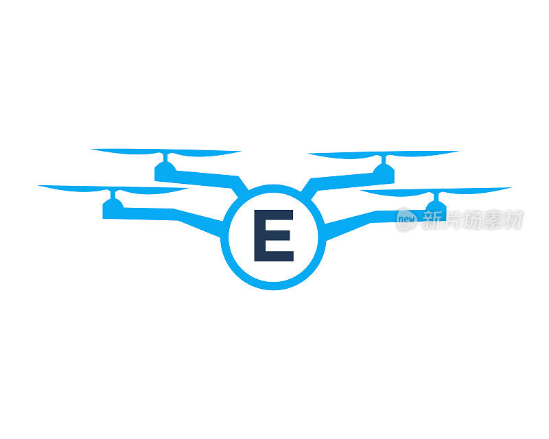 字母E概念上的无人机标志设计。摄影无人机矢量模板
