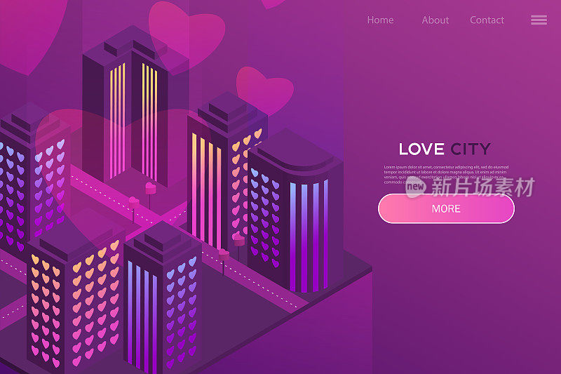 爱情之城，霓虹等角插画。网站、app设计。现代风格