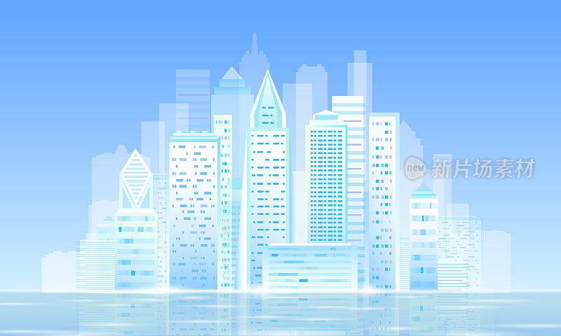 智慧城市3D阳光明媚的早晨城市景观。智能楼宇自动化天蓝天未来企业希望概念未来技术。城市横幅矢量插图
