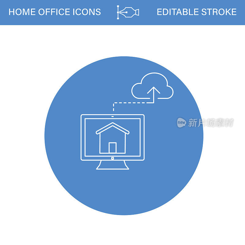 在透明背景的蓝色圆圈上的家庭办公室线路图标