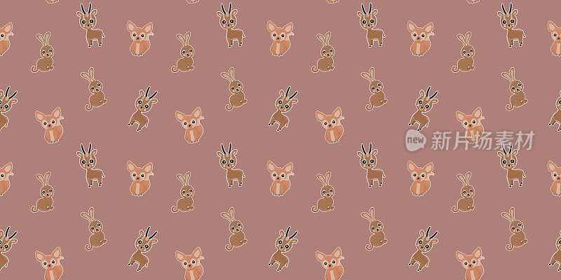 快乐的小非洲灌木野兔，耳廓狐狸，羚羊与白色轮廓在浅灰粉红色的背景无缝图案。向量。