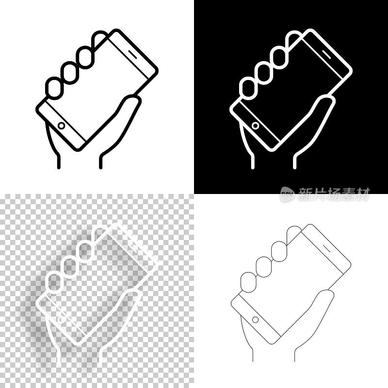 手持智能手机。图标设计。空白，白色和黑色背景-线图标