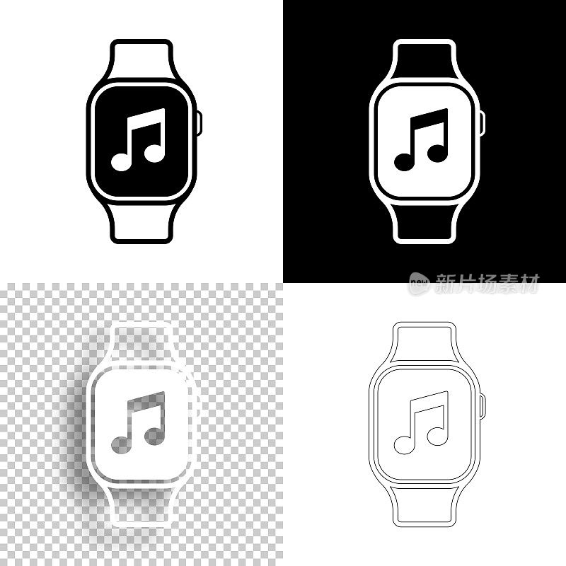 smartwatch音乐。图标设计。空白，白色和黑色背景-线图标