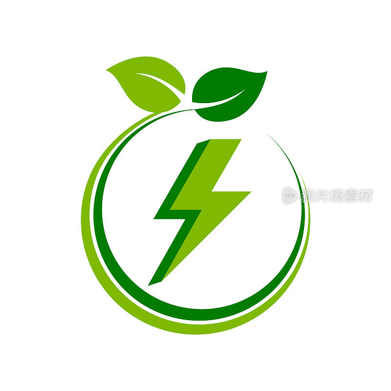 绿色能源的概念。闪电在圆圈内与树叶。
