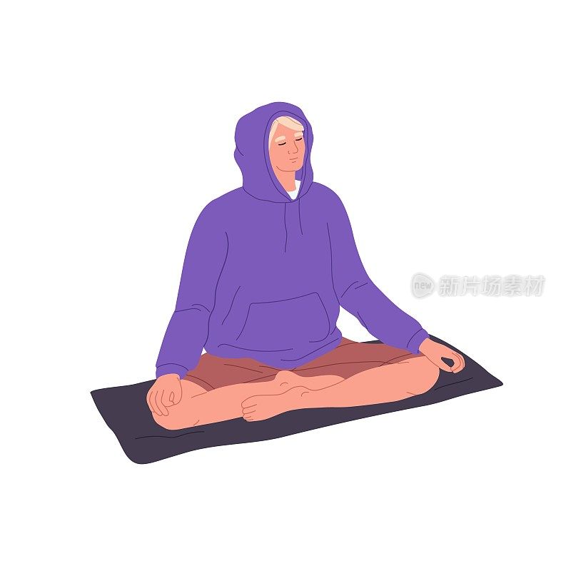 平静的冥想和瑜伽练习在莲花，体位。平静的人盘腿冥想，坐在垫子上。健康的放松。平面矢量插图孤立在白色背景上