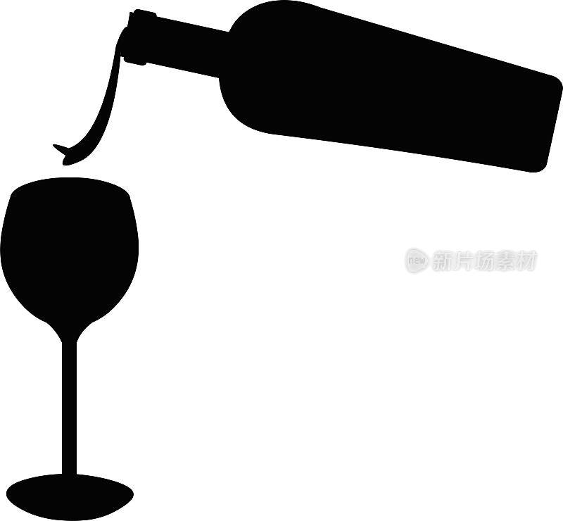 矢量插图黑色剪影的一个瓶子倒葡萄酒到一个杯子