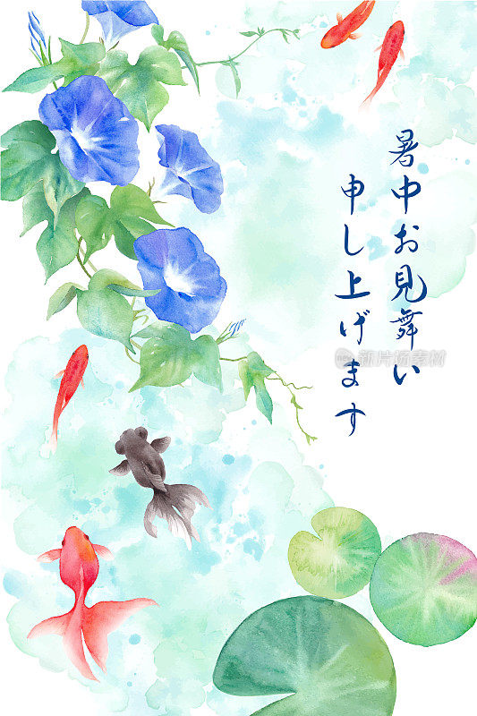 金鱼和牵牛花的水彩插图。夏天的形象。日本文化:夏日问候的背景。(向量。布局可以更改)