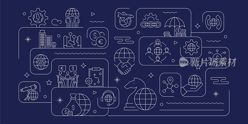 全球业务相关矢量横幅设计概念，现代线条风格与图标