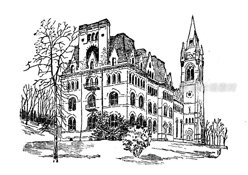 美国，宾夕法尼亚地标和公司的古董插图:南伯利恒，帕克大厅，里海大学