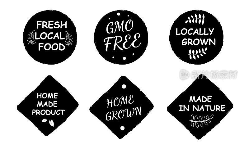 一套黑白有机贴纸，标签，徽章和标志。新鲜的本地农产品，非转基因，本地种植，本地制造
