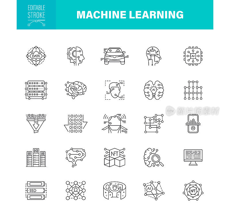 机器学习图标可编辑的笔画。包括人工智能、机器学习、大数据、网络技术等图标