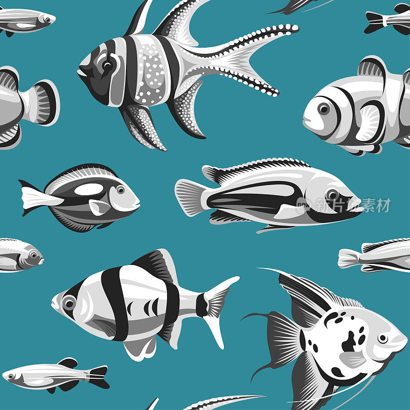 无缝图案与鱼孤立在蓝色的背景。水下生命的插图。
