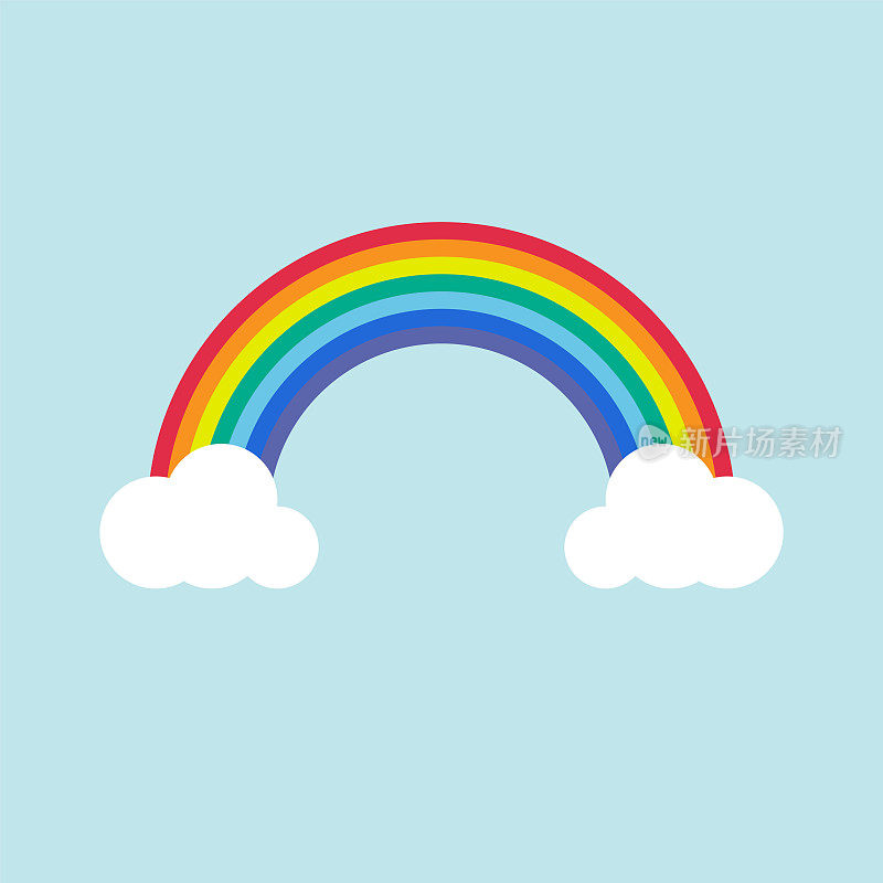彩色彩虹与云在蓝色的天空，矢量插图。
