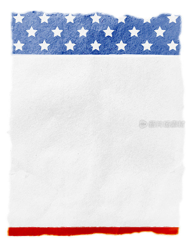 美国国旗设计印刷在顶部和底部边界的白色折痕纸纹理grunge效果垂直复古矢量背景像墙壁留下的拷贝空间到处;边缘被风化，磨损和撕裂
