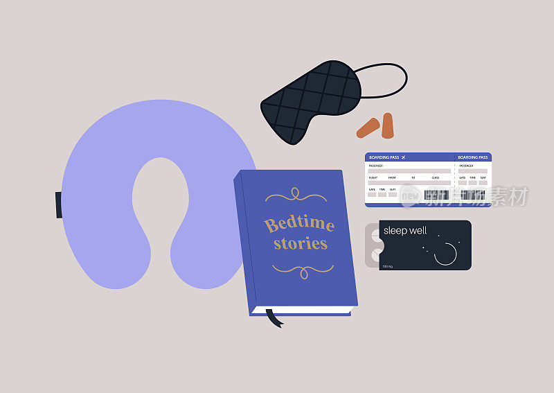 一套旅行睡衣、一个口罩、一本睡前故事书、一包药丸、一对耳塞和一张打印的登机牌