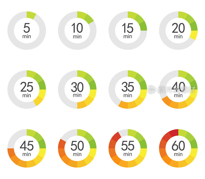 矢量信息图饼元素倒数时间秒时钟秒表颜色进度条指标图表比率圆设置隔离在白色背景插图