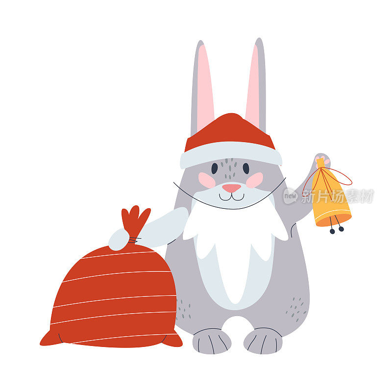 有胡子，有包，有铃铛的圣诞兔。圣诞老人的兔子形象。平面向量插图