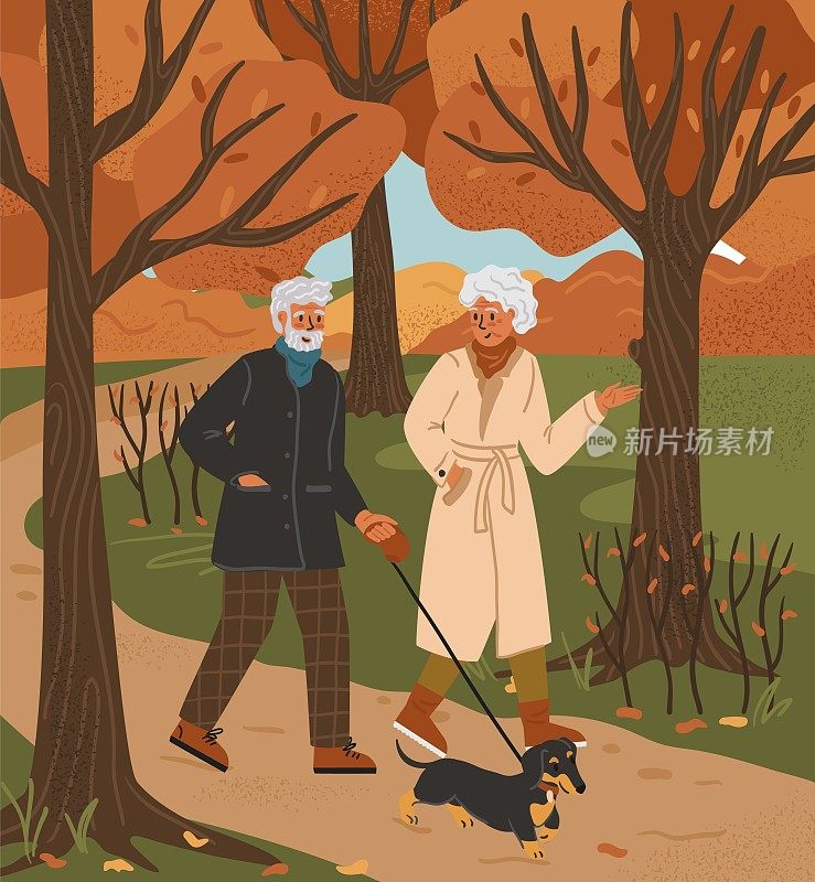 老年夫妇带着狗在秋季公园散步。老年人积极的生活方式概念矢量海报。高层情侣的浪漫约会