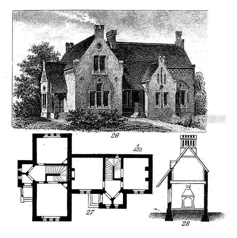 古董插画:建筑与建筑:英国家居