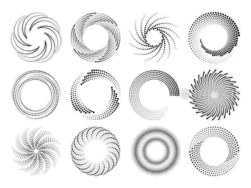 圆虚线速度线半色调效果。圆形运动螺旋，抽象旋转框架设计。圆形圆点标志，孤立的技术图形，生动的矢量元素