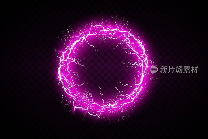 透明背景上的球状闪电。矢量插图，紫色的抽象闪电。闪电，雷声，火花。
