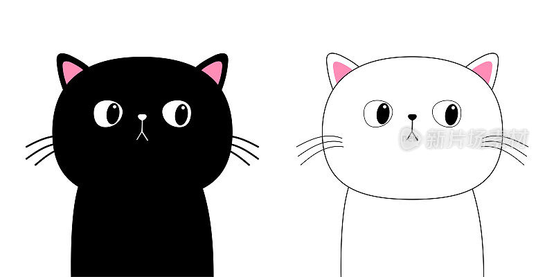 线性白色和黑猫剪影集。可爱的卡通猫角色。轮廓线。卡哇伊的动物。有趣的小小猫。悲伤的脸。爱的贺卡。平面设计。孤立的