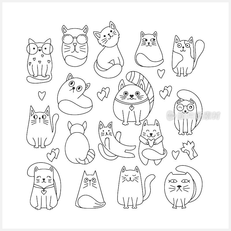 涂鸦猫集剪辑艺术。手绘艺术线条。素描的动物。着色页书。矢量插图。每股收益10