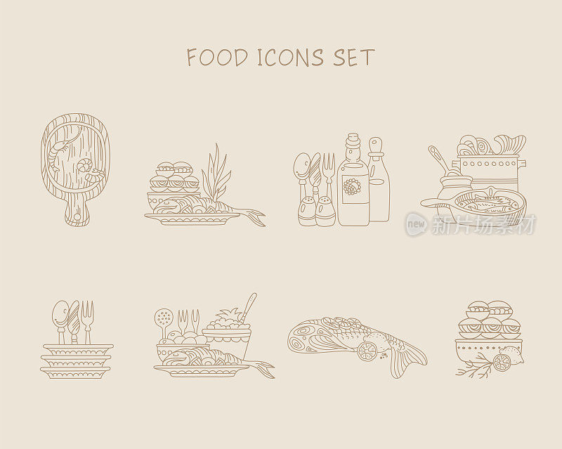 手绘海鲜图标集的食谱和餐厅菜单。鱼，贻贝，柠檬虾，沙拉和香料。