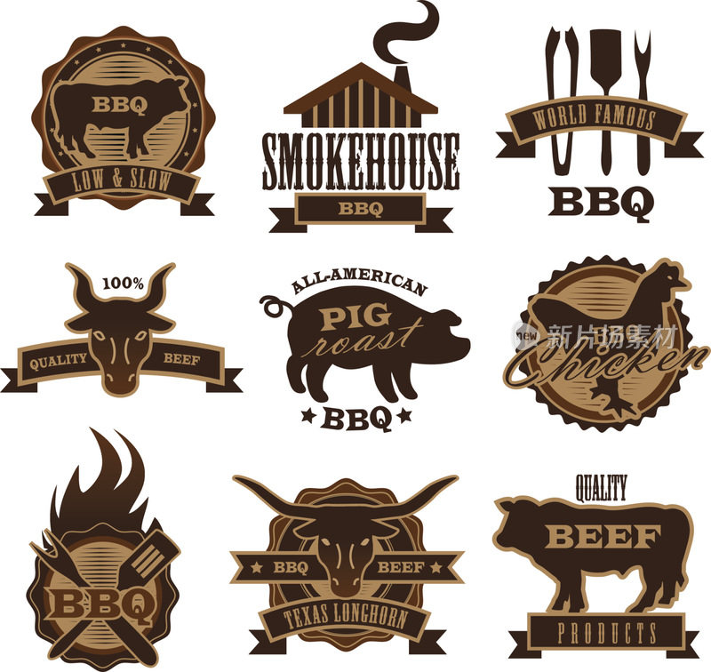 各种烧烤，牛肉，鸡肉和猪肉，标签在白色背景
